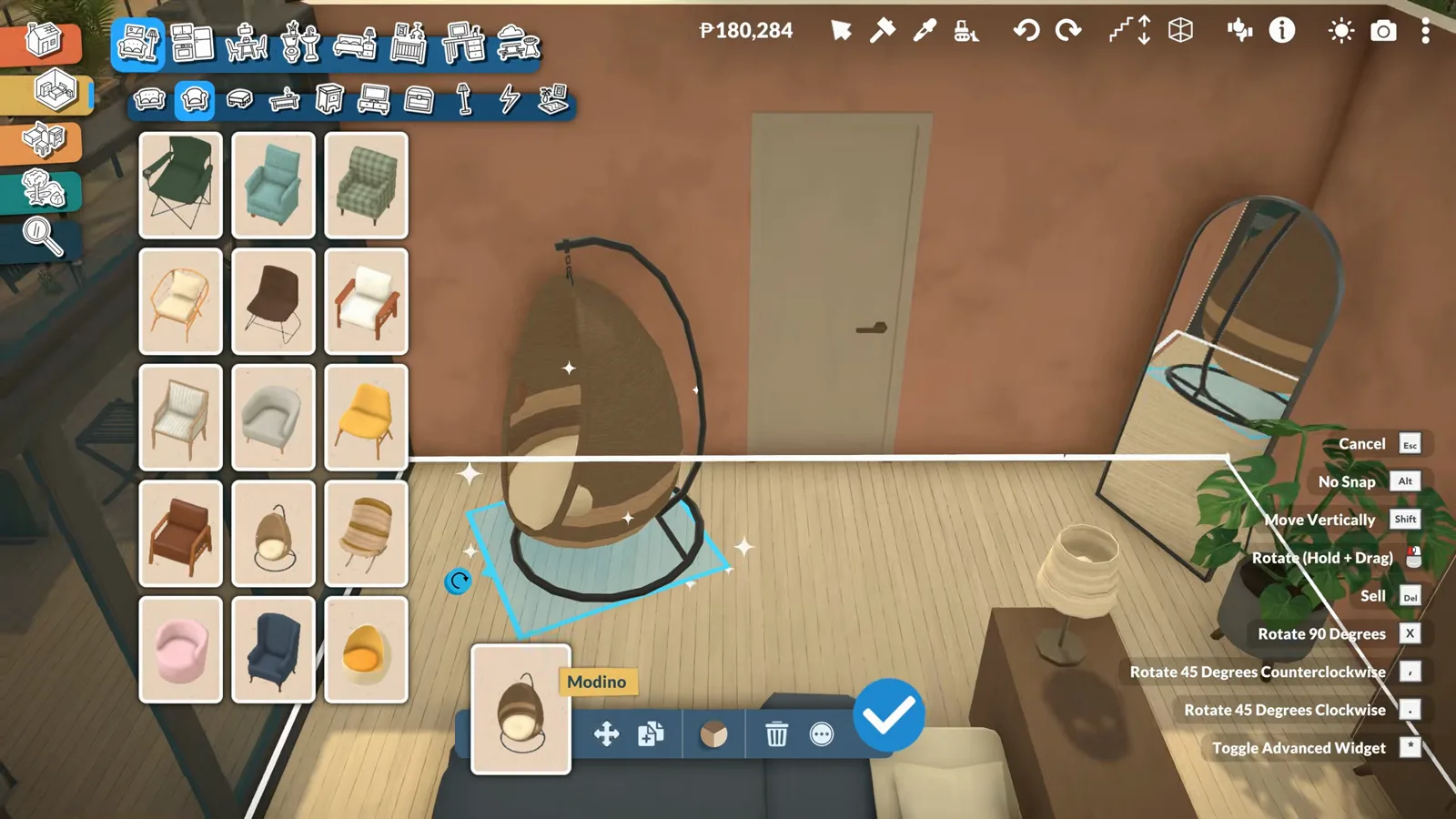 Wicker hanging chair and a full-length mirror placed in the terracotta-walled bedroom of a Paralives beach house with the furniture catalogue open Wicker hanging chair and a full-length mirror placed in the terracotta-walled bedroom of a Paralives beach house with the furniture catalogue open