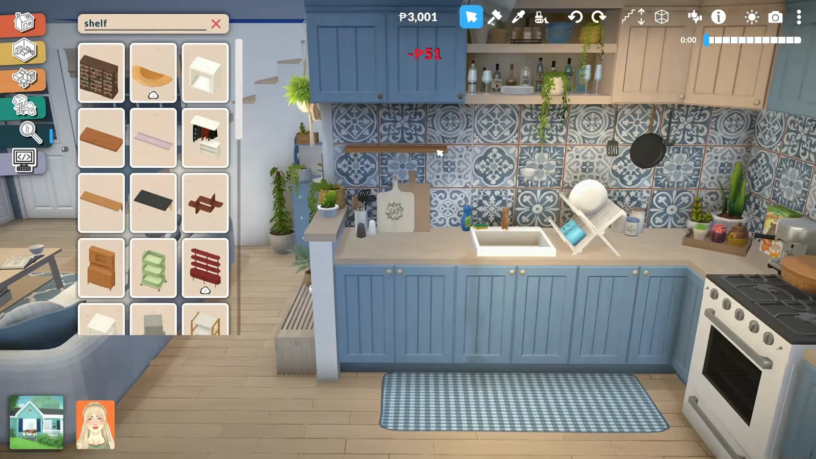 A blue and white patterned backsplash behind the kitchen counter of a Paralives beach house, built from repeated custom print canvases A blue and white patterned backsplash behind the kitchen counter of a Paralives beach house, built from repeated custom print canvases