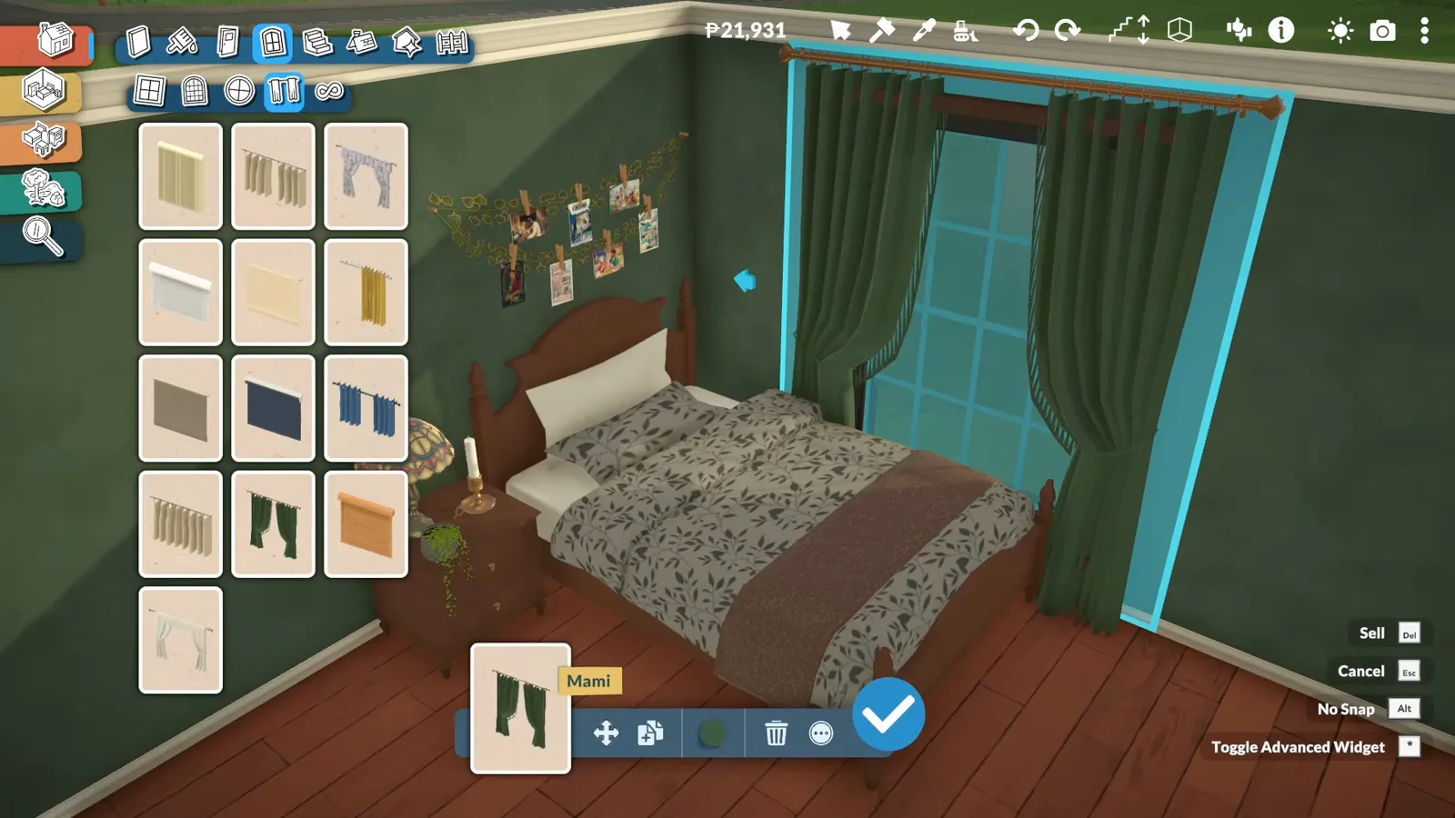 Green Mami curtains mid-placement on the tall window of a Paralives bedroom with the curtains catalogue open beside them