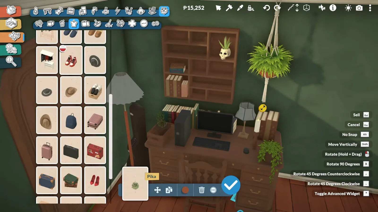 Study corner of a Paralives bedroom with a wall hutch, skull planter and hanging fern above a wooden desk holding a full PC setup