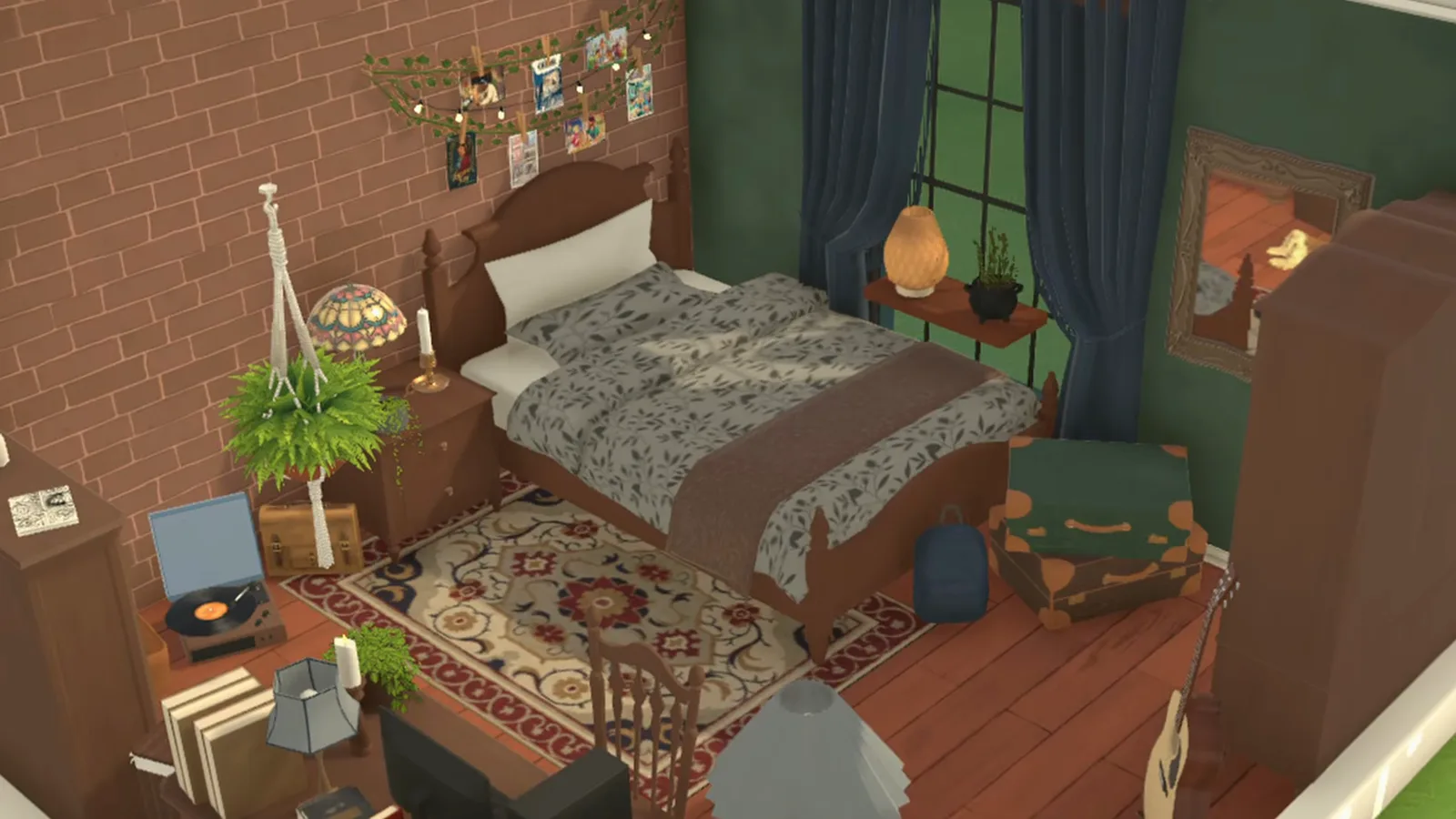 A finished Paralives bedroom from above: brick accent wall with a photo garland behind the bed, oriental rug, record player and a wardrobe with a leaning mirror