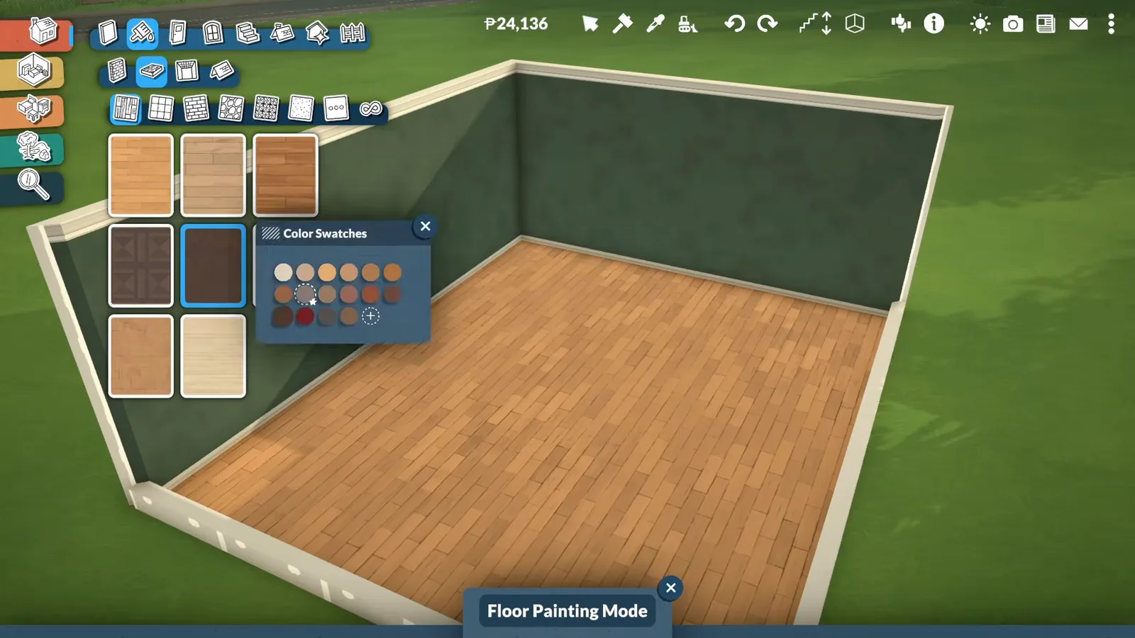 Paralives Floor Painting Mode open over a small bedroom with deep green walls and light oak floor swatches in the catalogue