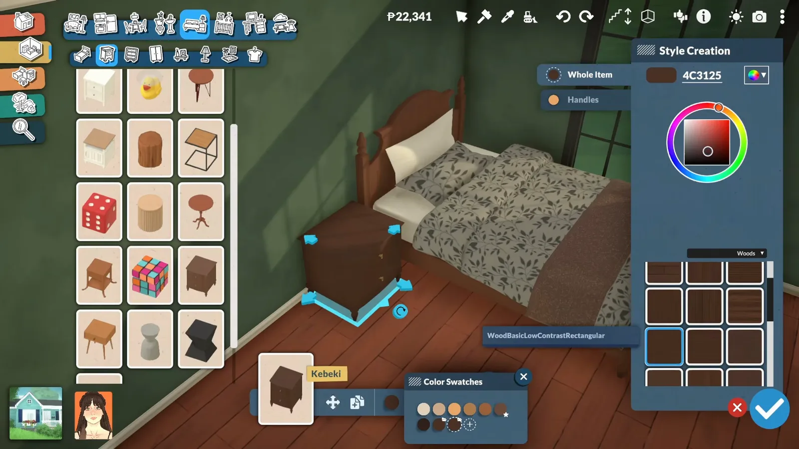 Style Creation panel recoloring a Kebeki nightstand part by part — Whole Item and Handles tabs, hex code 4C3125 and Woods textures — beside the bed