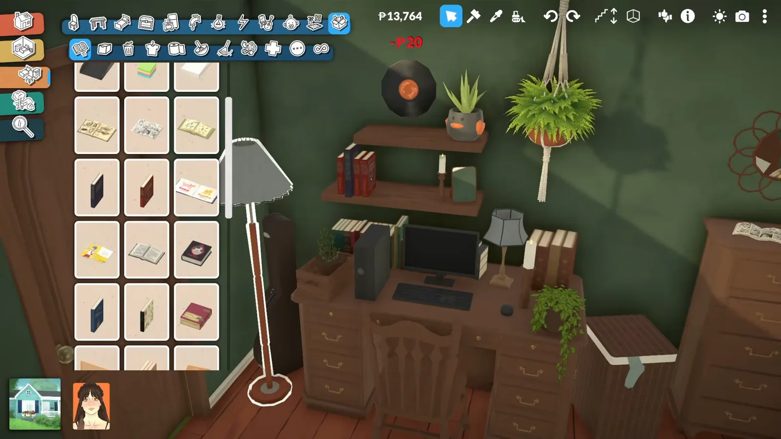 Wall-mounted vinyl record and floating shelves styled above a Paralives desk while the books catalogue stays open