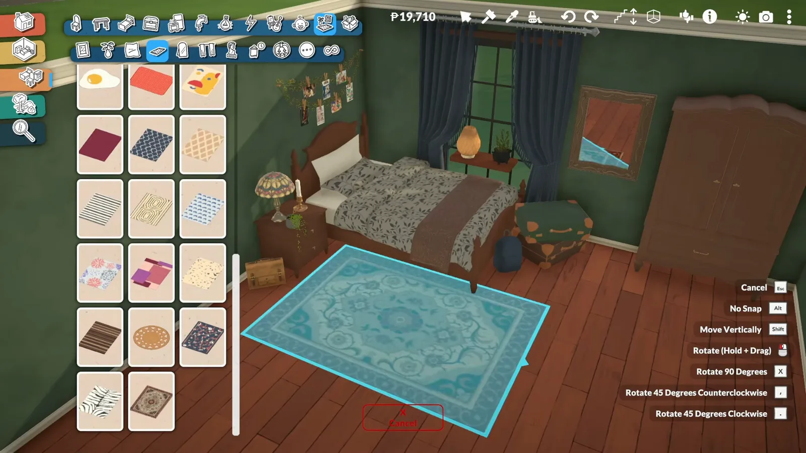 Rugs catalogue open while a large teal patterned rug is dragged into place in front of a Paralives bed