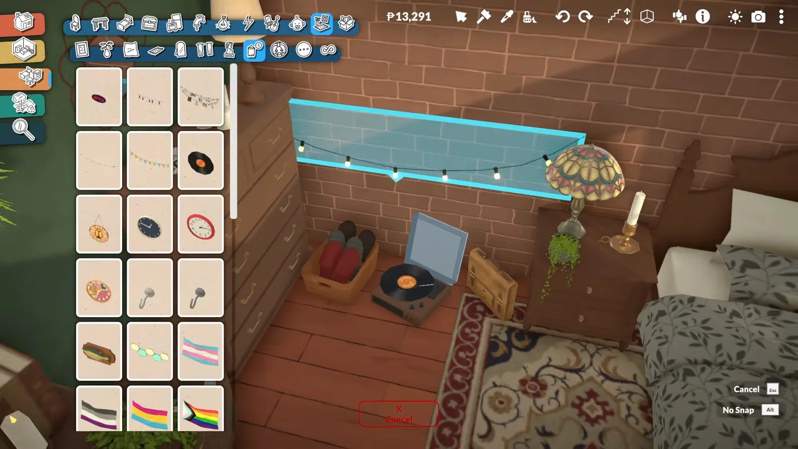 String lights placed inside the recessed brick niche behind a Paralives bed, the wall decor catalogue open beside a record player