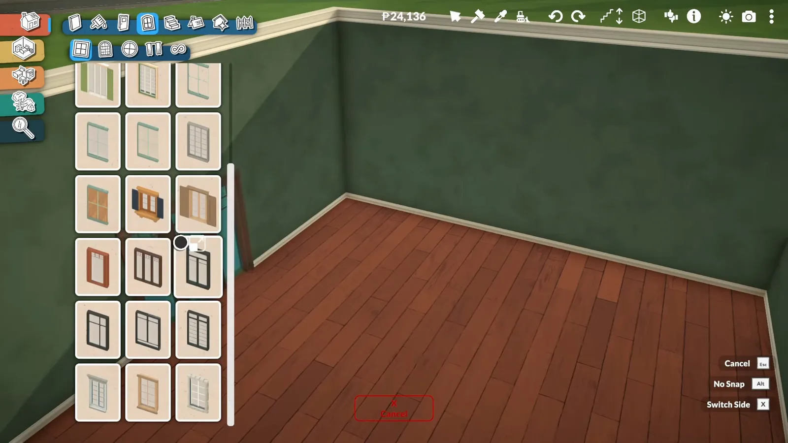 Window catalogue browsing in a Paralives bedroom with green walls, a warm wood floor and no window installed yet