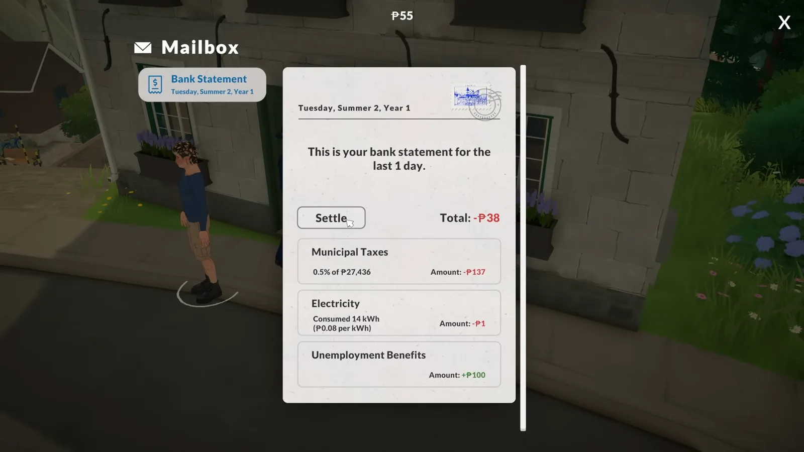 Paralives mailbox bank statement with a Settle button paying one day of municipal taxes and electricity.