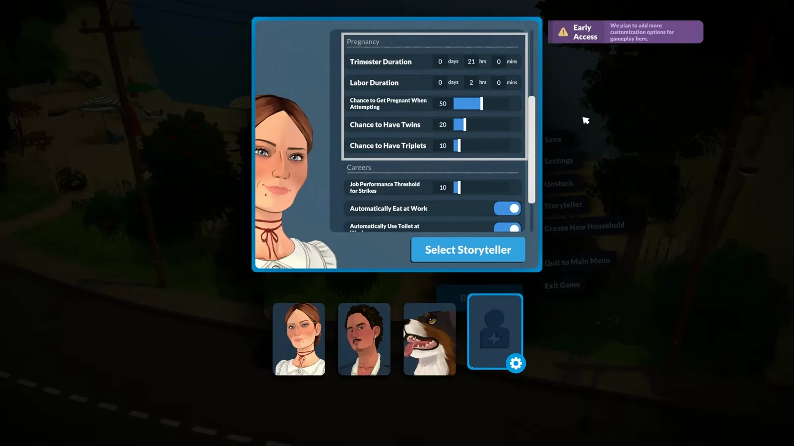 Paralives storyteller customization panel with sliders for pregnancy duration, twins, triplets and the household's starting funds.