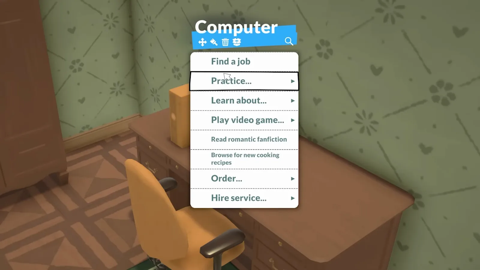 Paralives computer menu with the Find a job option that opens the categorized job postings list.