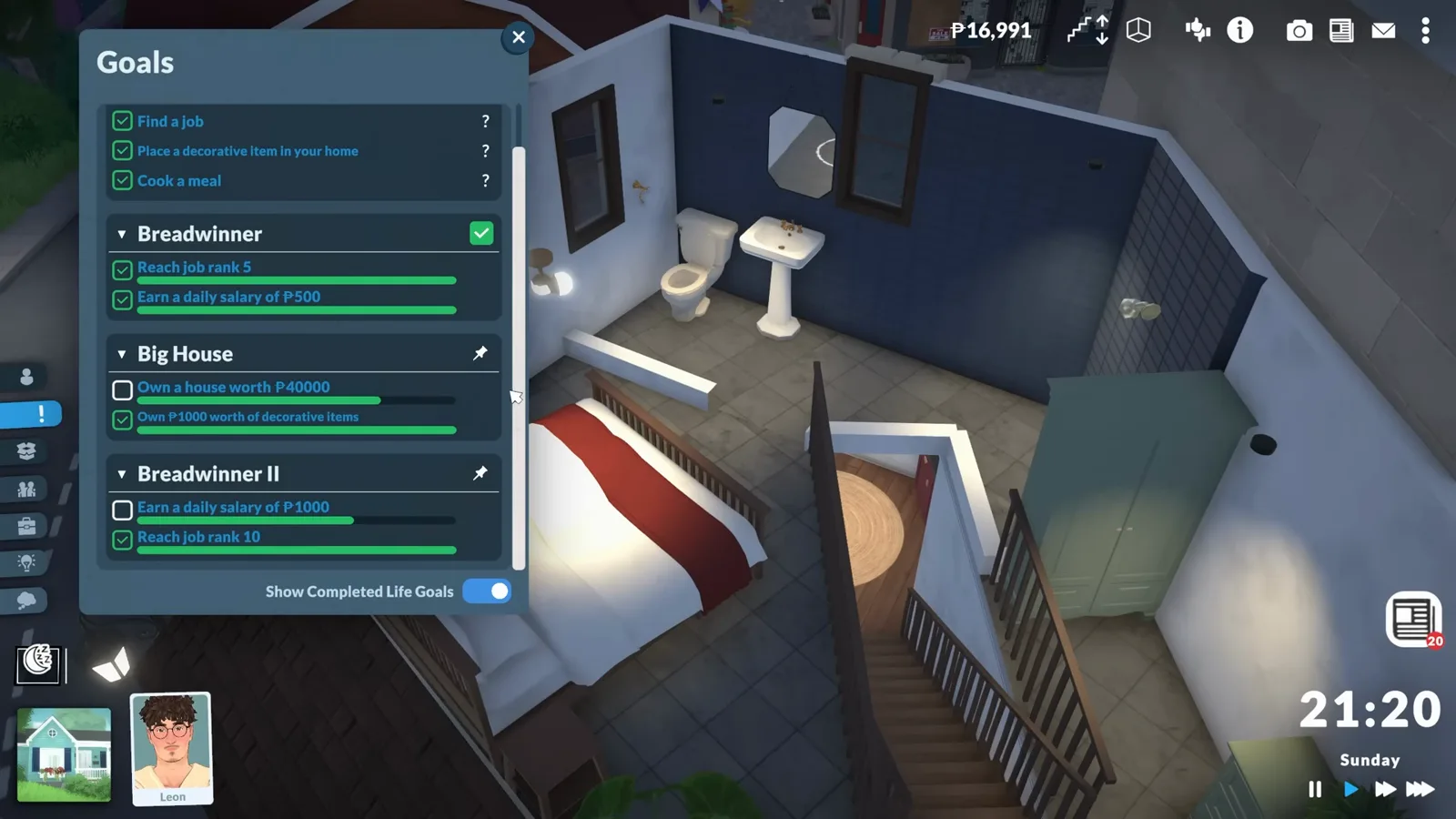 Paralives goals sidebar tracking multi-day life goals like Breadwinner and Big House with progress checkmarks.