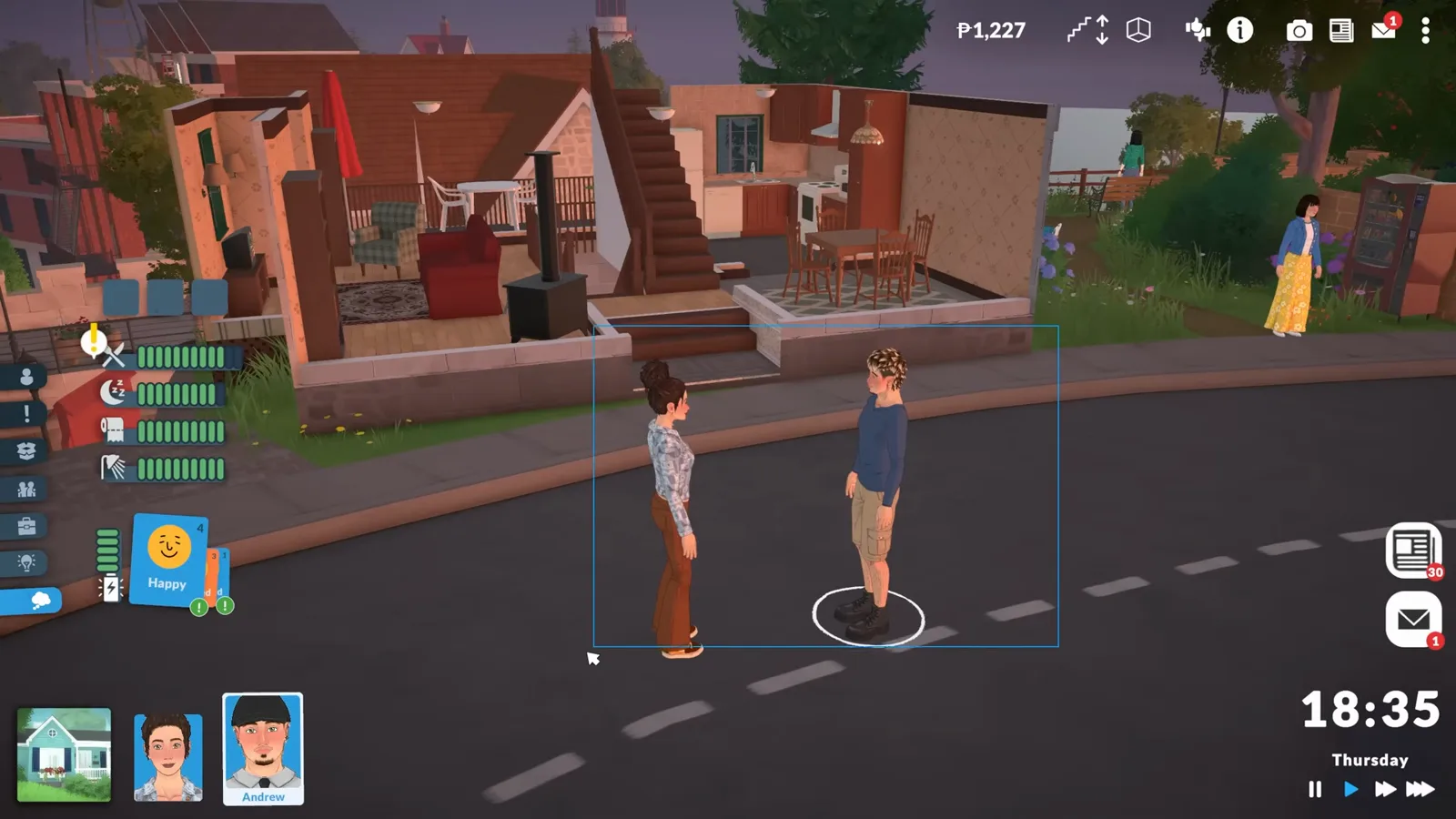 Paralives drag selection box grouping multiple Paras on a street so a single command moves them together.