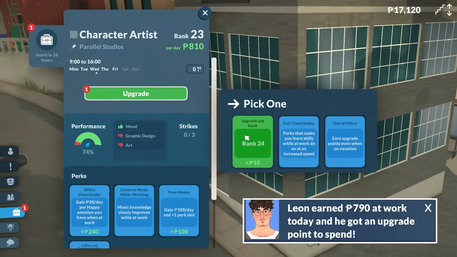 Paralives job panel awarding an upgrade point with a Pick One hand of work perk cards for the Character Artist career.