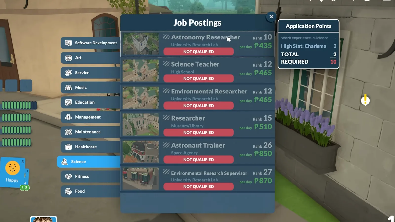 Paralives job postings list marking research careers NOT QUALIFIED with the Application Points requirement shown on hover.