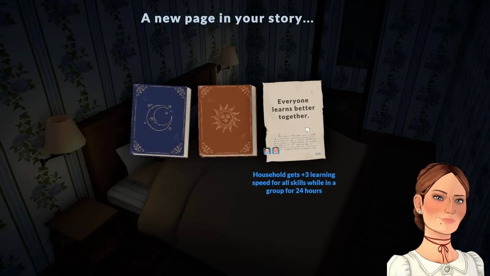 Paralives nightly storyteller page granting the household +3 learning speed to all skills in a group for 24 hours.