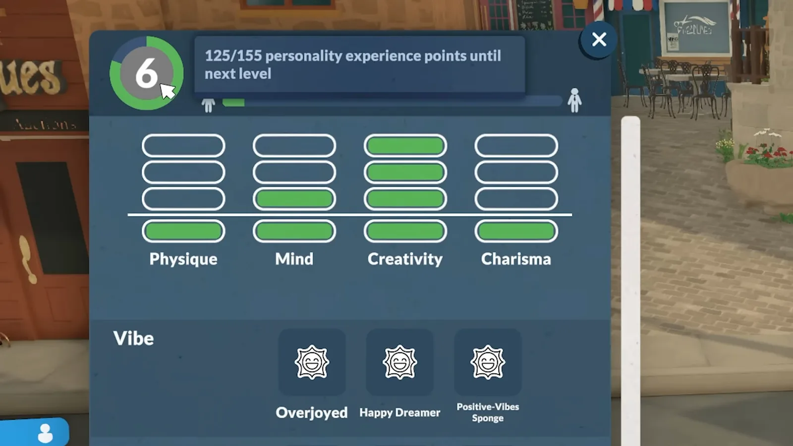 Paralives Para profile showing personality level progress plus the Physique, Mind, Creativity and Charisma stages and vibe perks.