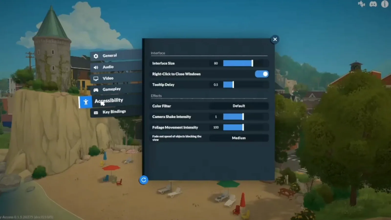 Paralives Accessibility settings tab showing Interface Size, Tooltip Delay, Camera Shake Intensity and Foliage Movement Intensity controls