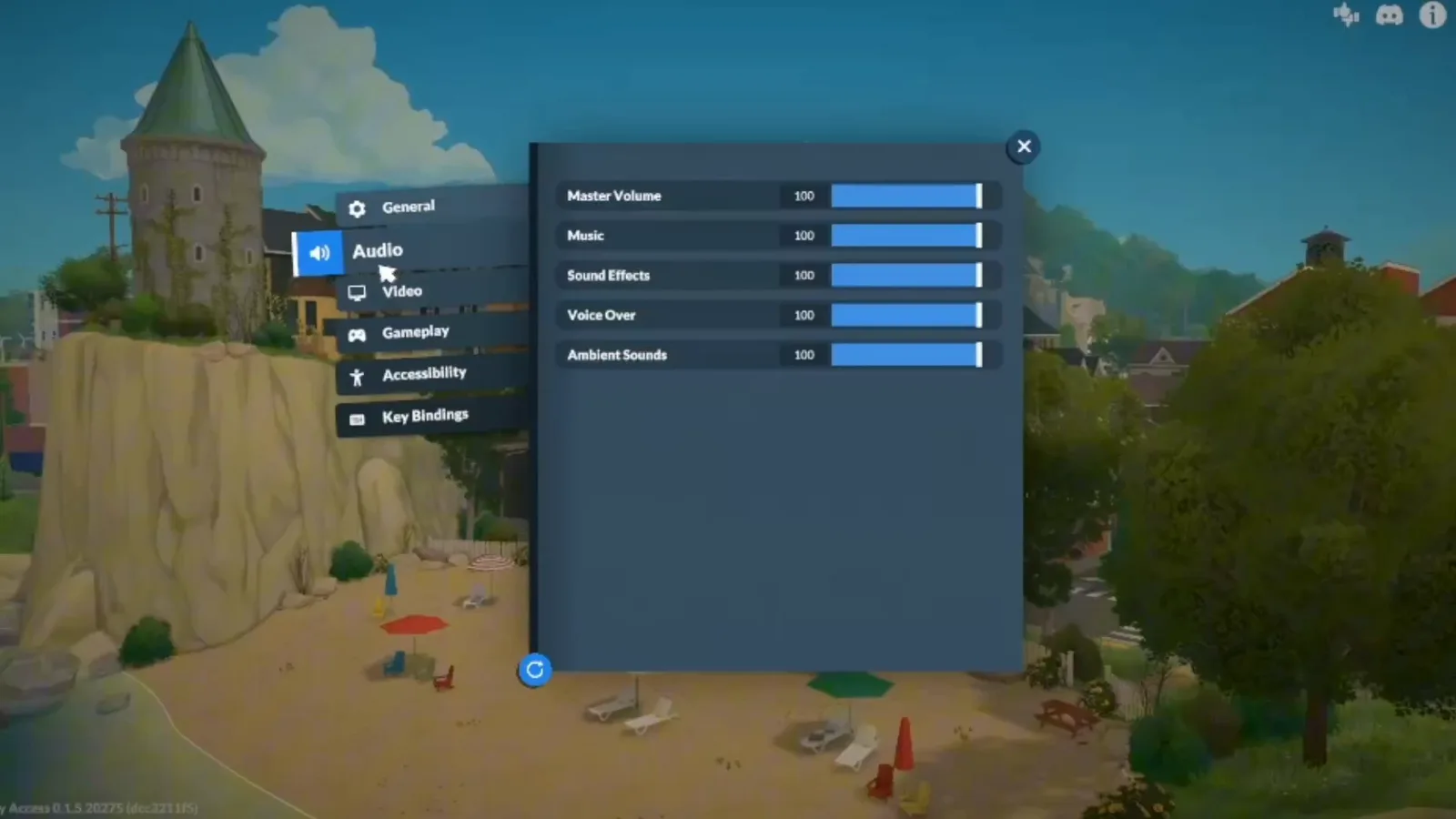 Paralives Audio settings panel with Master Volume, Music, Sound Effects, Voice Over and Ambient Sounds sliders all at maximum
