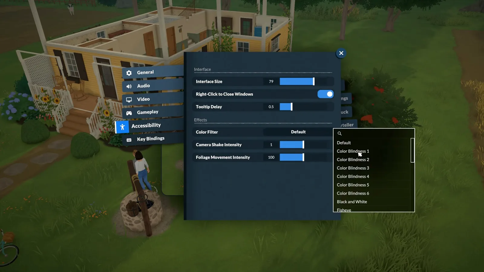 Paralives Color Filter dropdown open in Accessibility settings listing Default, six Color Blindness presets and Black and White