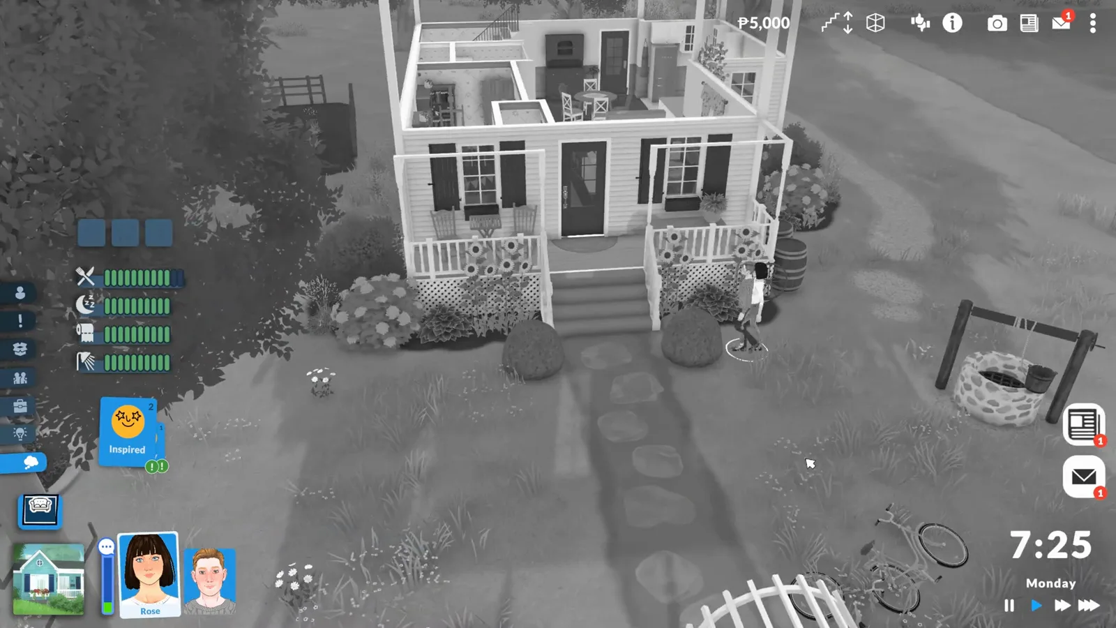 Paralives world rendered in grayscale with the Black and White color filter applied to a cottage, its garden and the needs bars