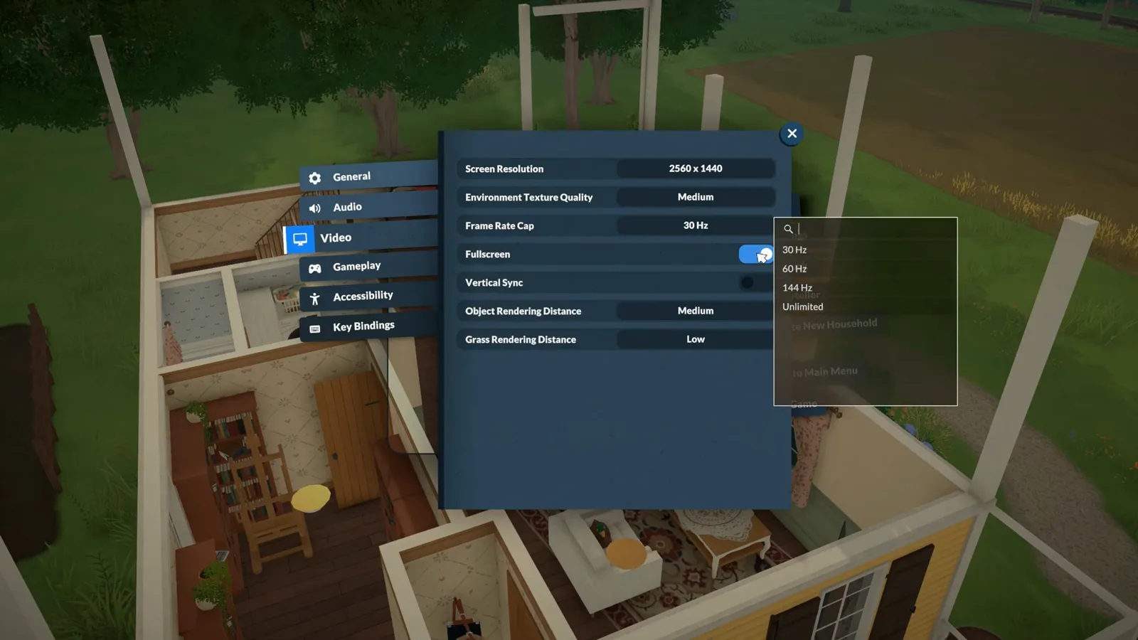 Paralives Frame Rate Cap dropdown open at 30 Hz with the full option ladder from 30 Hz upward visible in the Video tab
