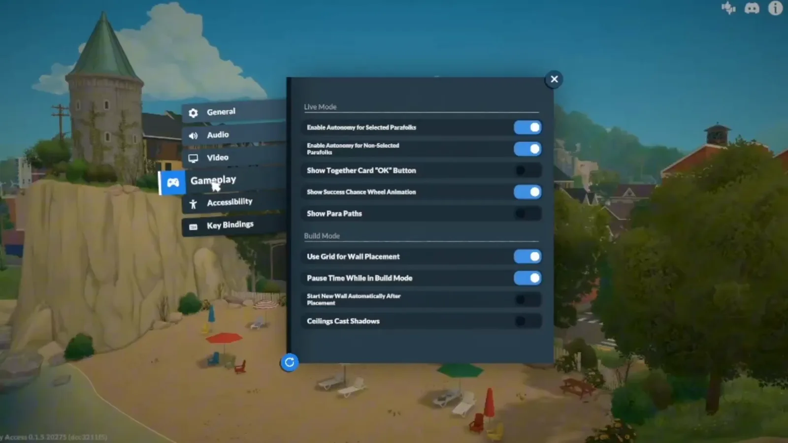 Paralives Gameplay settings tab with autonomy toggles for selected and non-selected Parafolks enabled above the Build Mode section