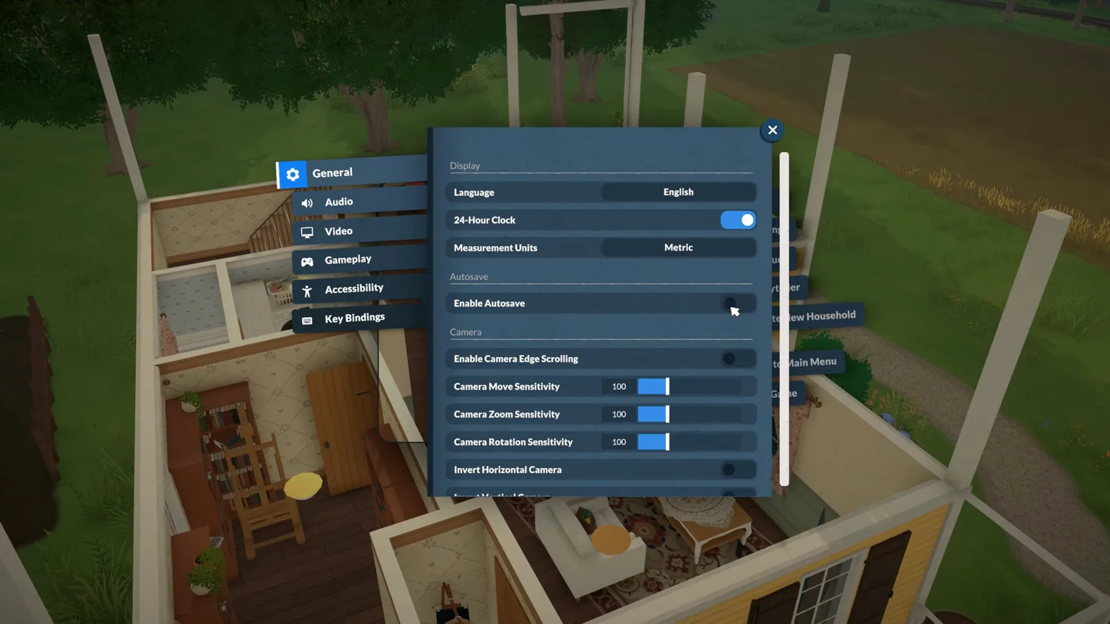 Paralives General settings tab with Enable Autosave switched off while language, 24-hour clock and measurement units keep their defaults