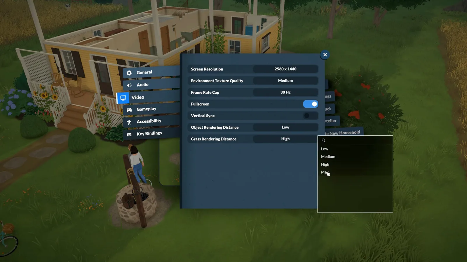 Grass Rendering Distance dropdown in Paralives showing Low, Medium, High and Max options over the open Video settings panel