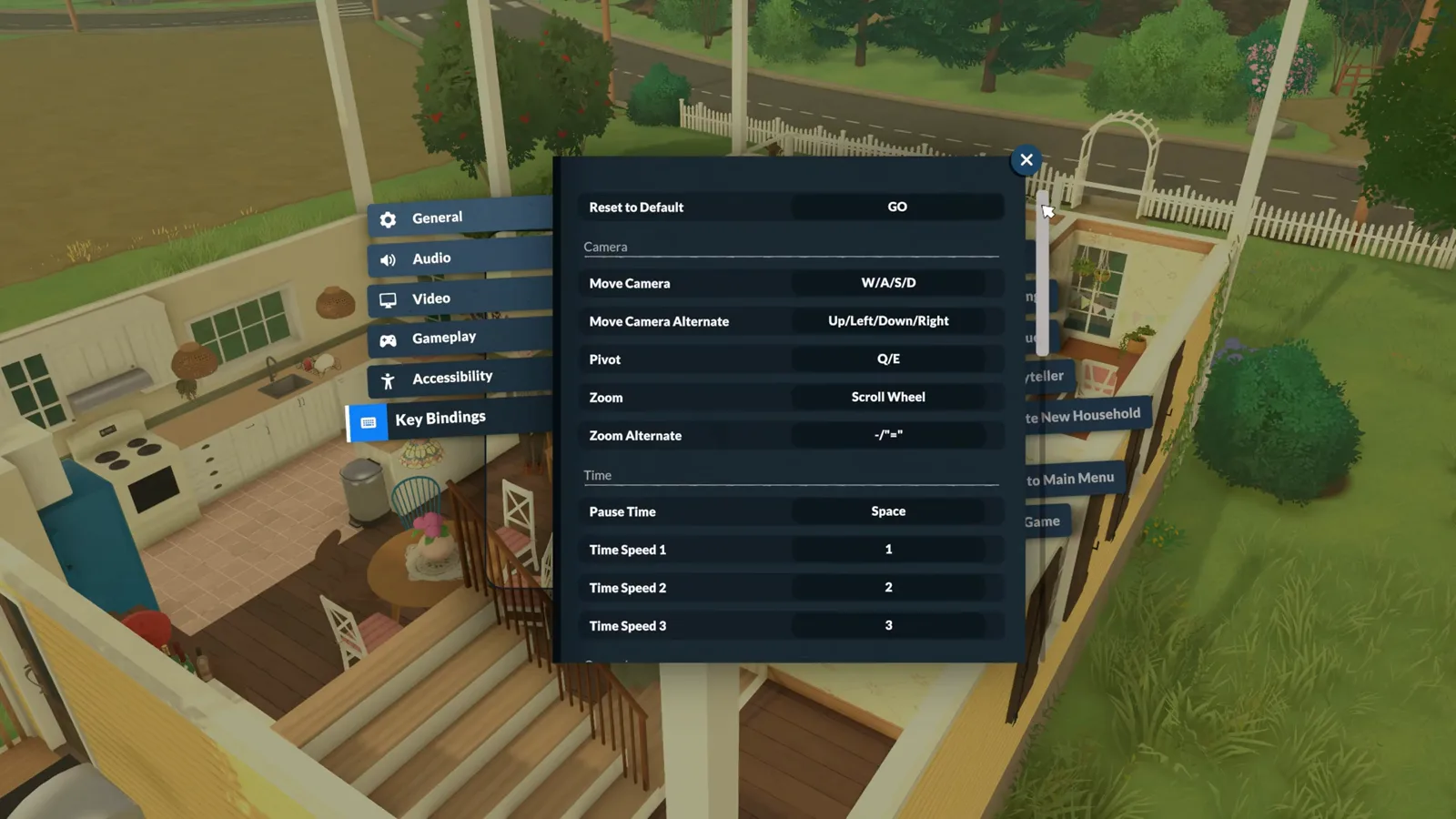 Paralives Key Bindings settings panel showing the Reset to Default button with camera and time speed binding rows ready to remap
