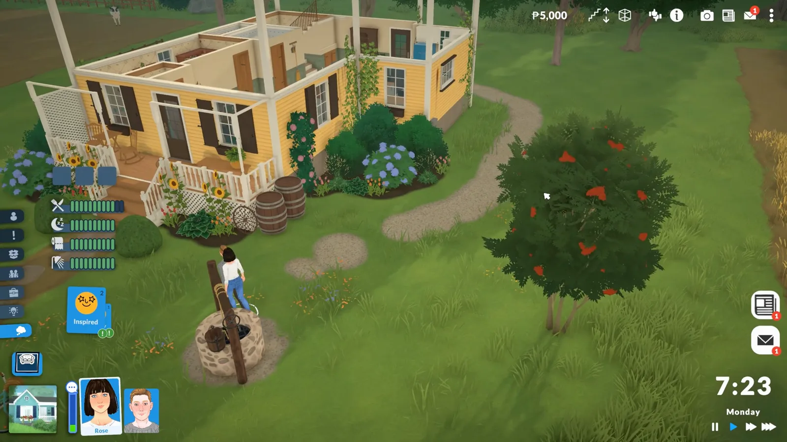 Paralives gameplay after the low end preset with a 30 Hz cap and low rendering distances, showing a Para at a well outside a yellow cottage