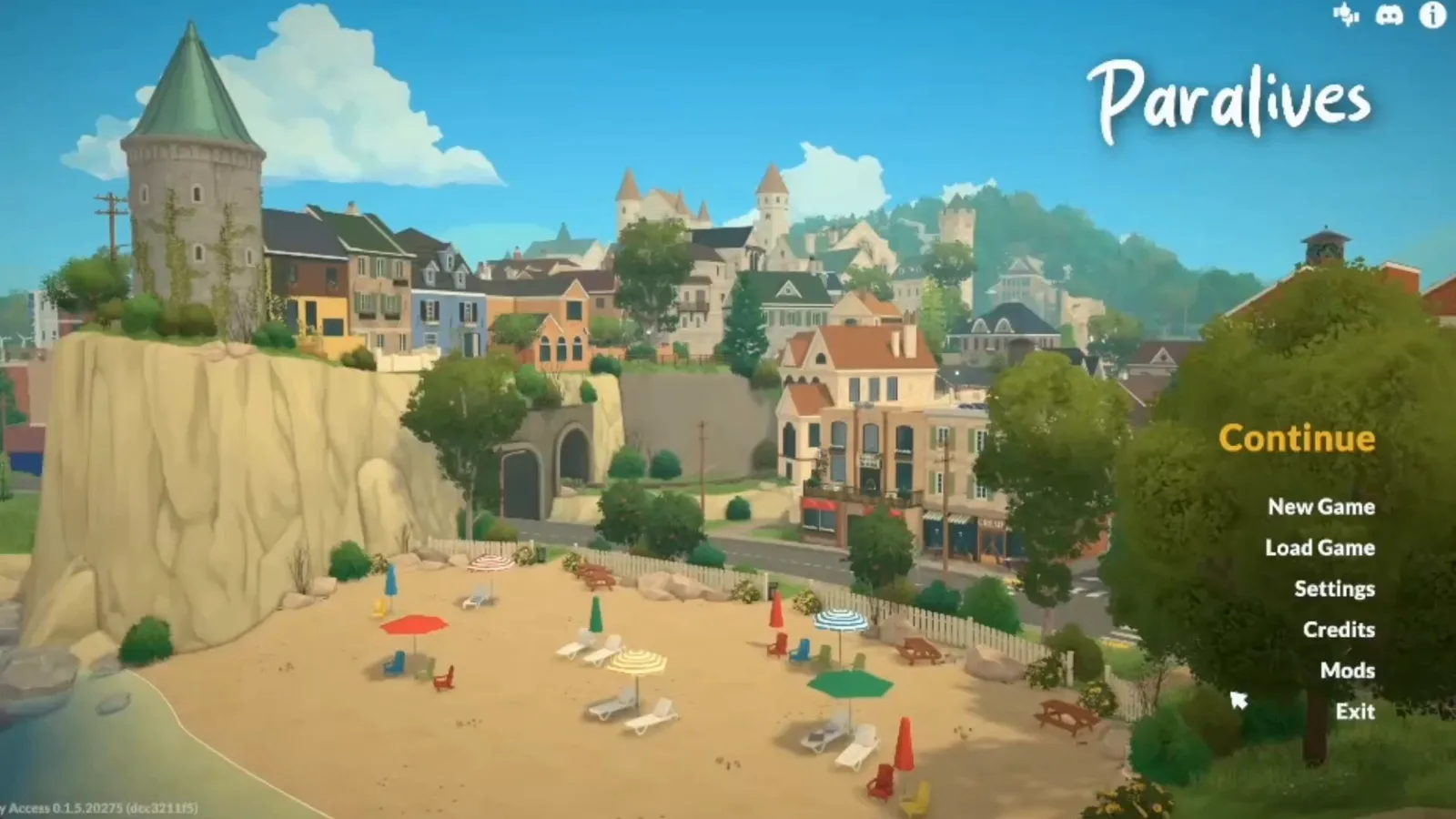 Paralives main menu with the Settings entry listed between Load Game and Credits on the beach title screen