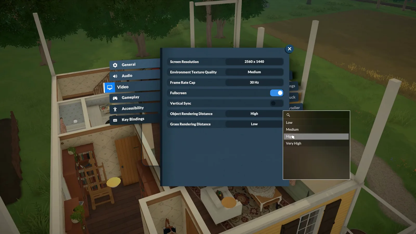 Object Rendering Distance dropdown in Paralives listing Low, Medium, High and Very High with the frame rate cap set to 30 Hz