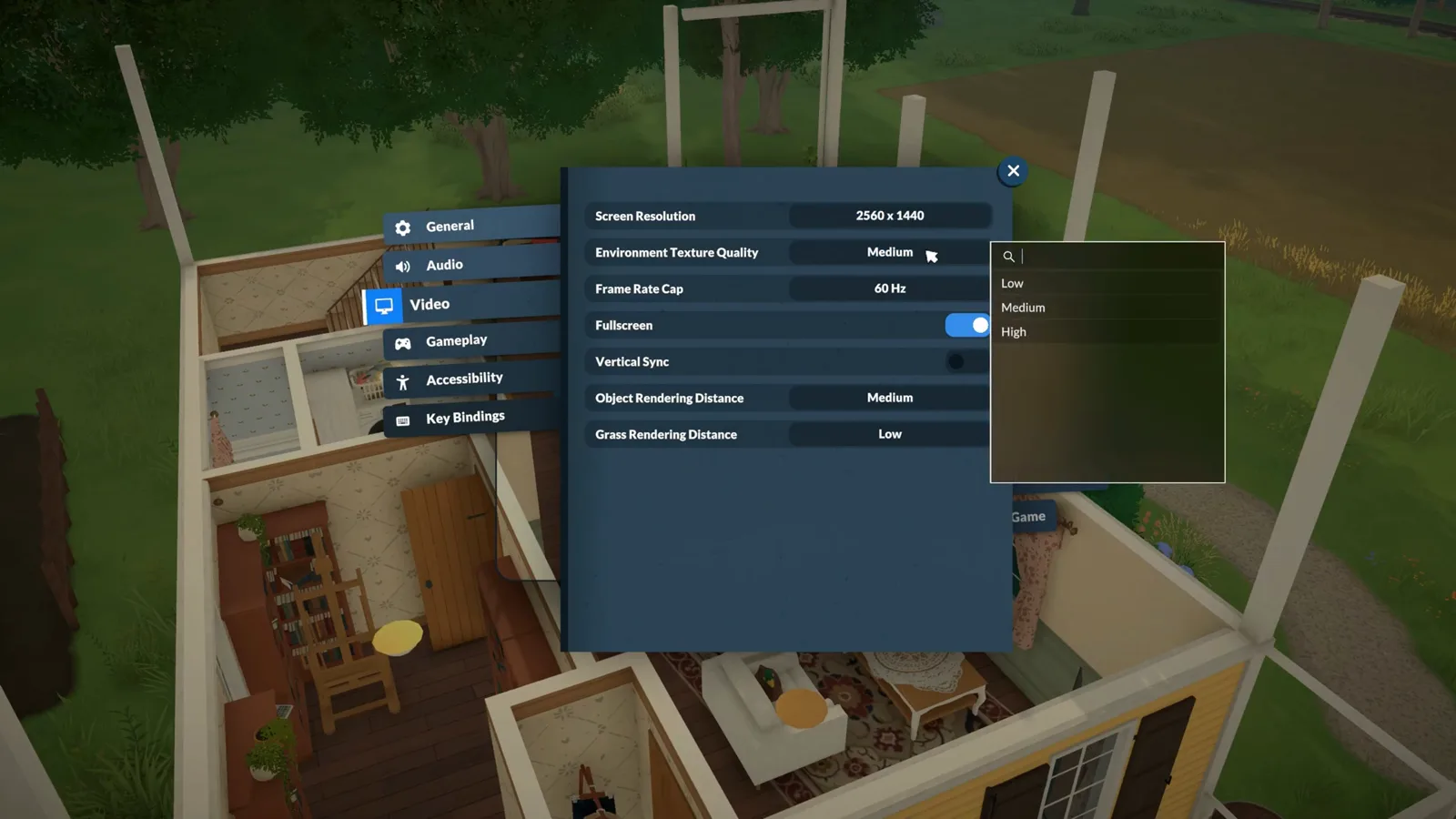 Paralives Environment Texture Quality dropdown open in the Video tab showing its three options Low, Medium and High