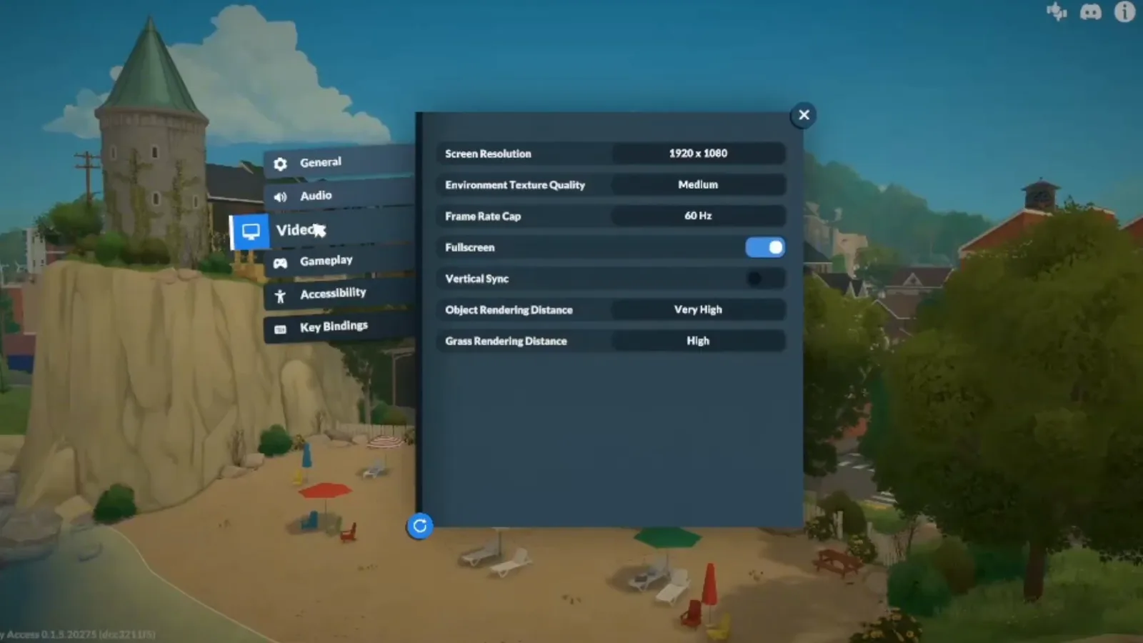 Paralives Video settings panel with Fullscreen enabled, screen resolution at 1920x1080 and a 60 Hz frame rate cap over the main menu beach backdrop