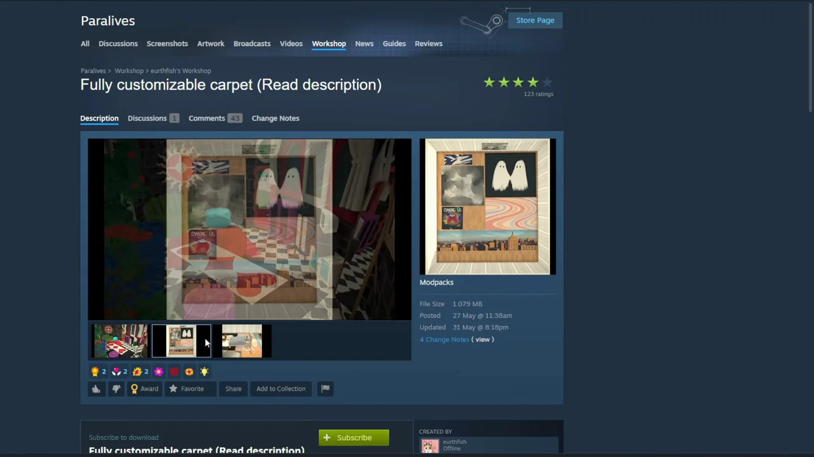 Steam Workshop page for the Fully customizable carpet Paralives mod used as a blueprint overlay