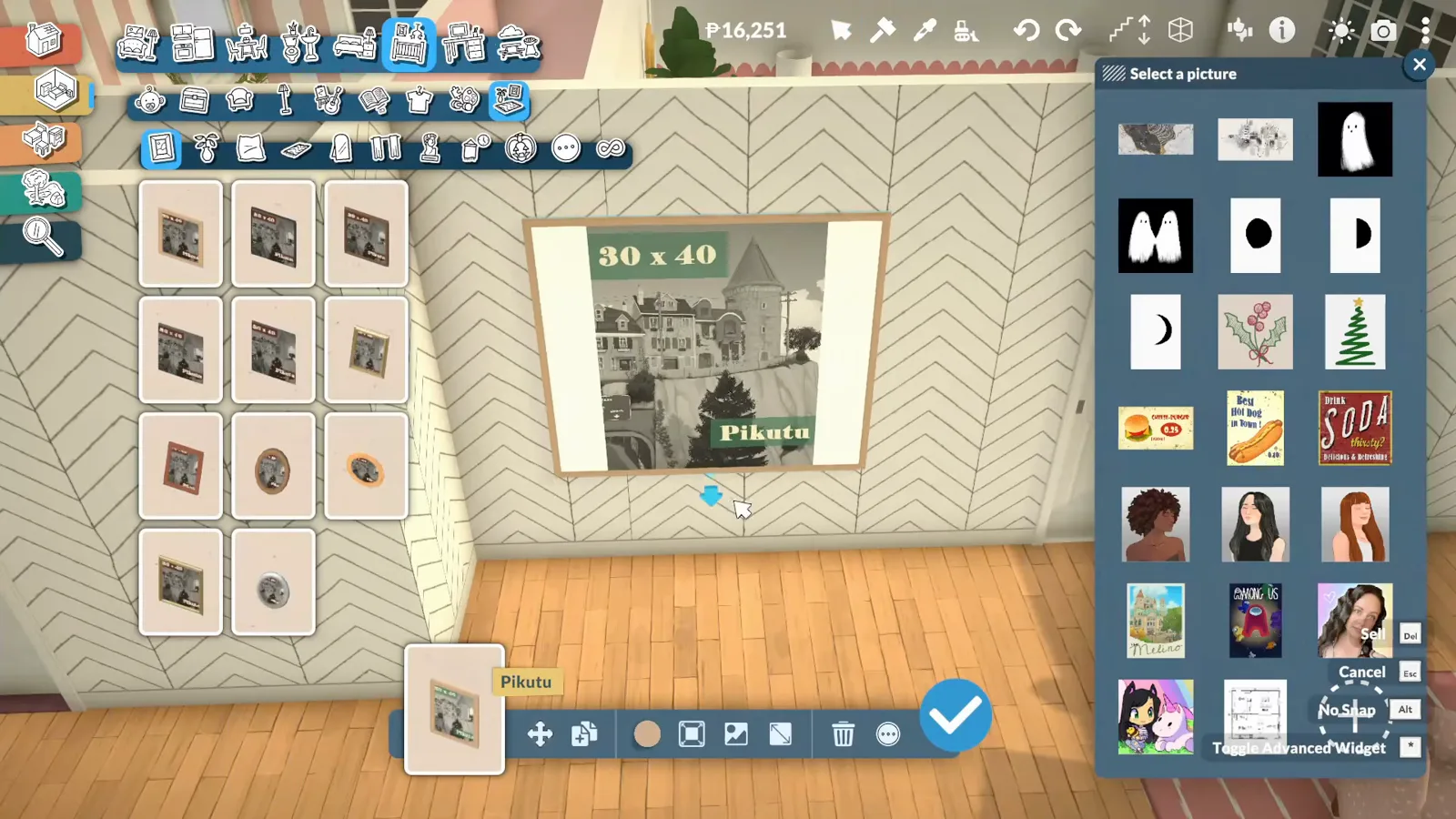 Decorated Paralives bedroom built from a traced floor plan, furnished to match the original drawing
