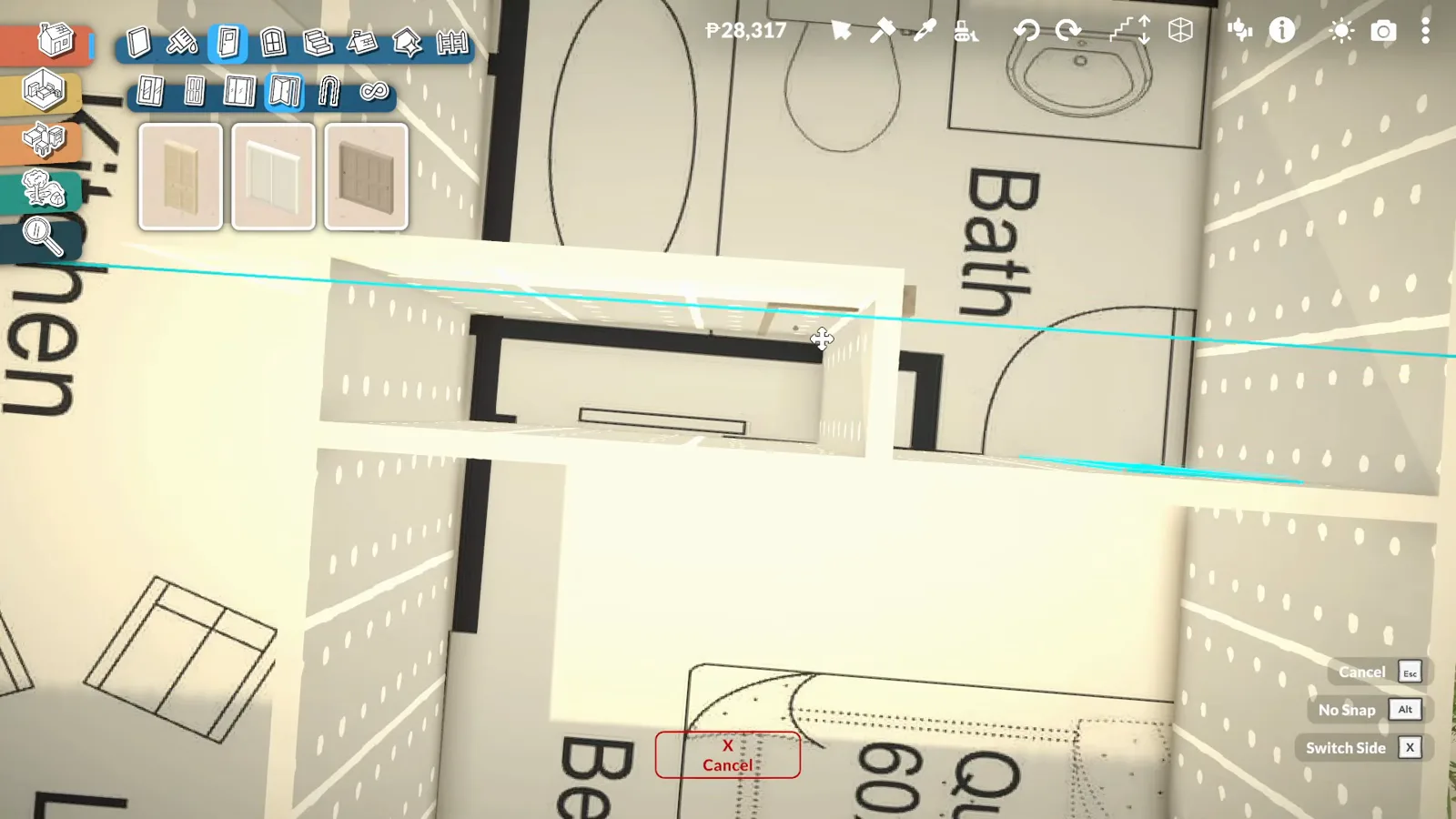 Placing interior and exterior doors in Paralives following the door swings marked on the floor plan