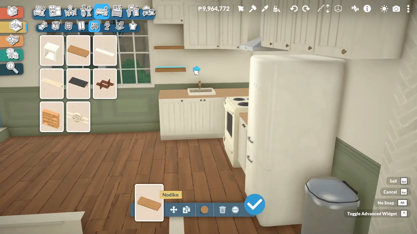 Paralives apartment kitchen above a bookshop with a retro fridge, cream stove and a shelf being placed over the window