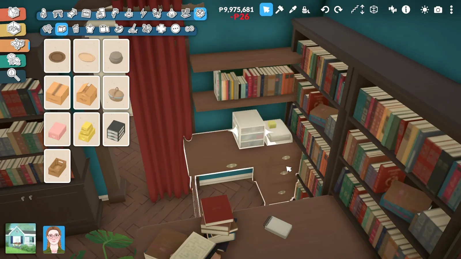 Red curtain beside a back counter with paper trays in a Paralives bookshop lined with towering bookshelves