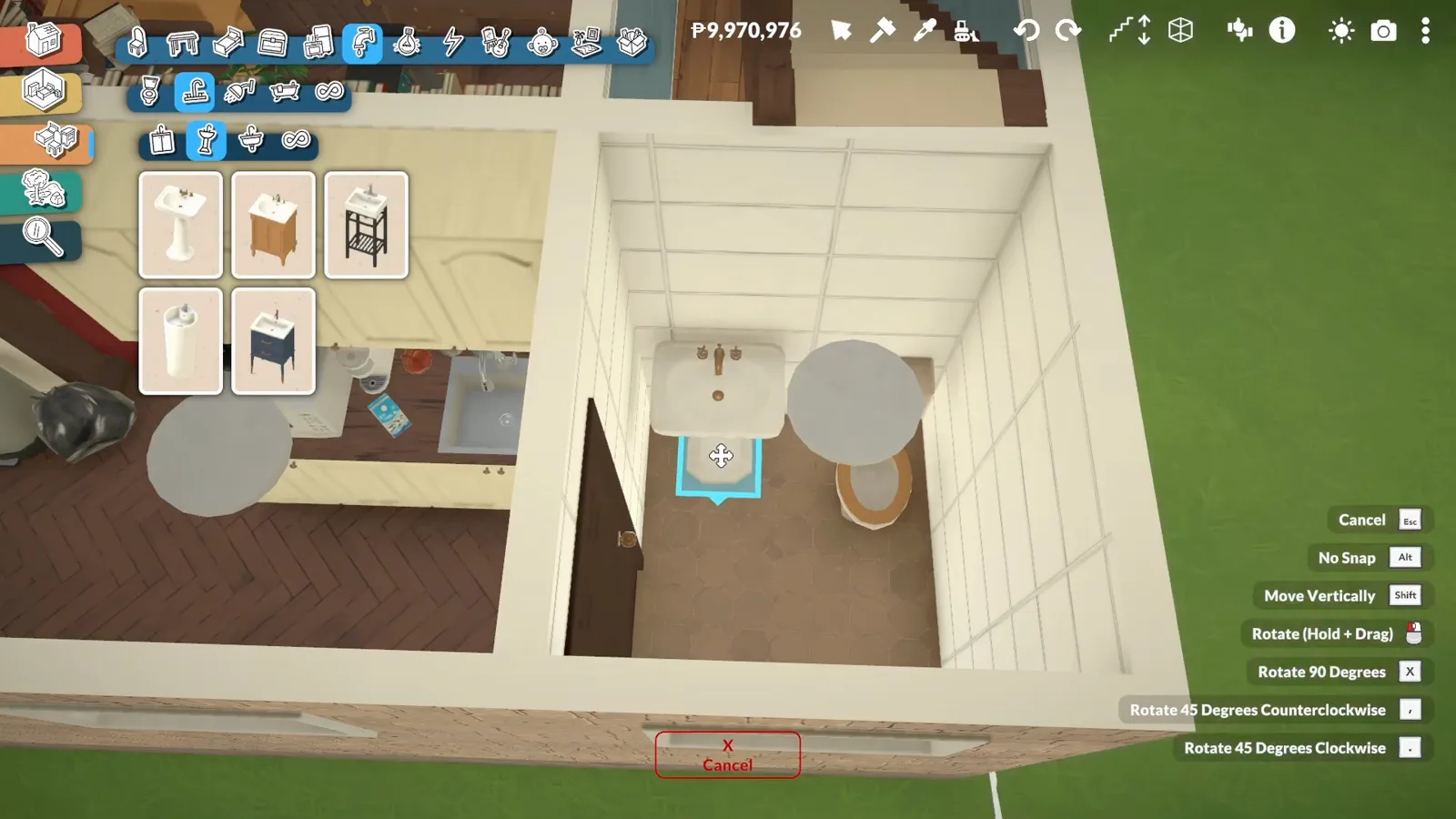 Paralives bathroom catalogue placing a pedestal sink in the small customer toilet of a bookshop with a tub beside it