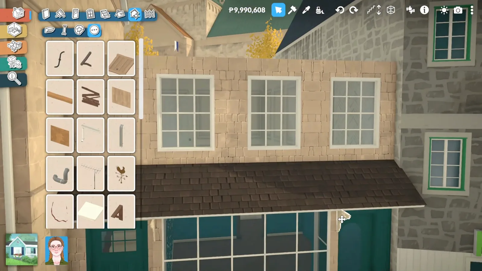 Paralives debug catalogue with planks and brackets open in front of a sandstone bookshop facade with three sash windows