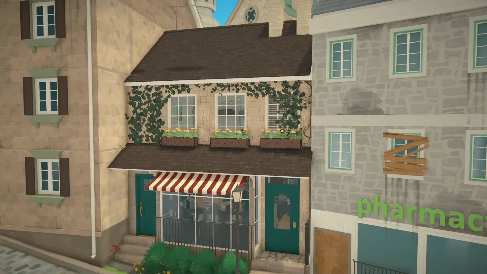 Finished Paralives bookshop at dusk with ivy on the facade, flower boxes under the windows, a red-and-white striped awning and a teal front door next to the pharmacy