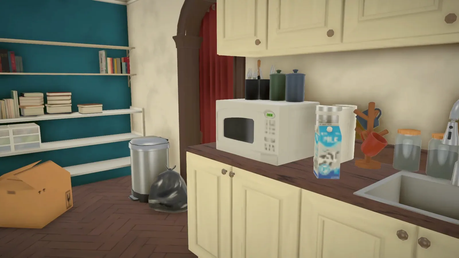Paralives bookshop apartment kitchen in live view with a microwave, milk carton, moving box and teal bookshelf wall
