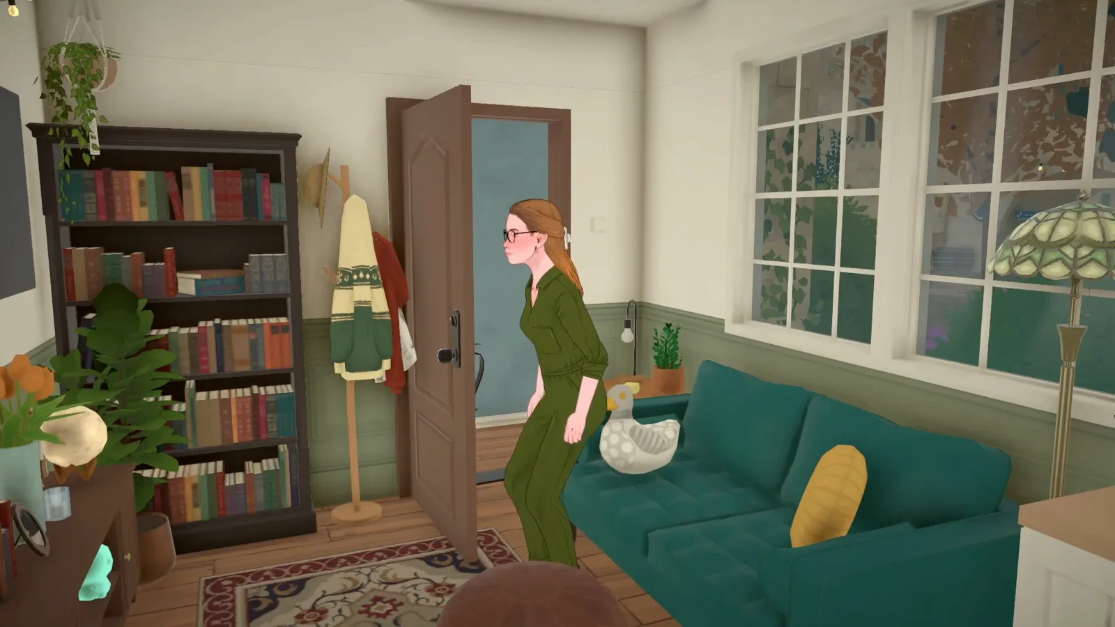 A Para in green overalls walking into a Paralives bookshop apartment living room with a teal sofa and a ceramic duck