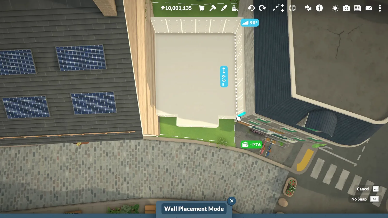 Paralives Wall Placement Mode closing the white shell outline of a bookshop between a solar-roofed house and a stone neighbour