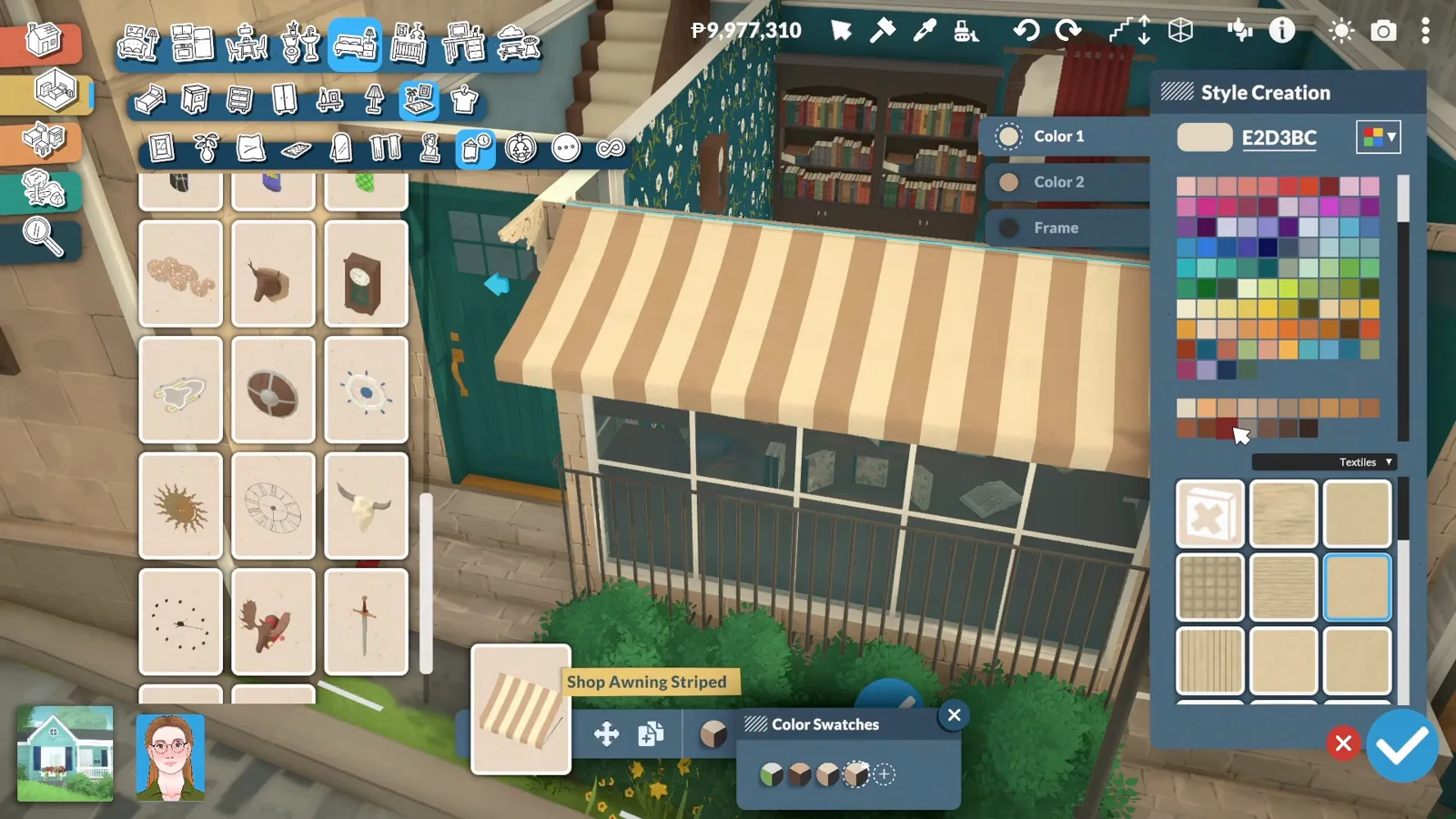 Paralives Style Creation panel with a hex code and textile swatches open over a striped shop awning on the bookshop
