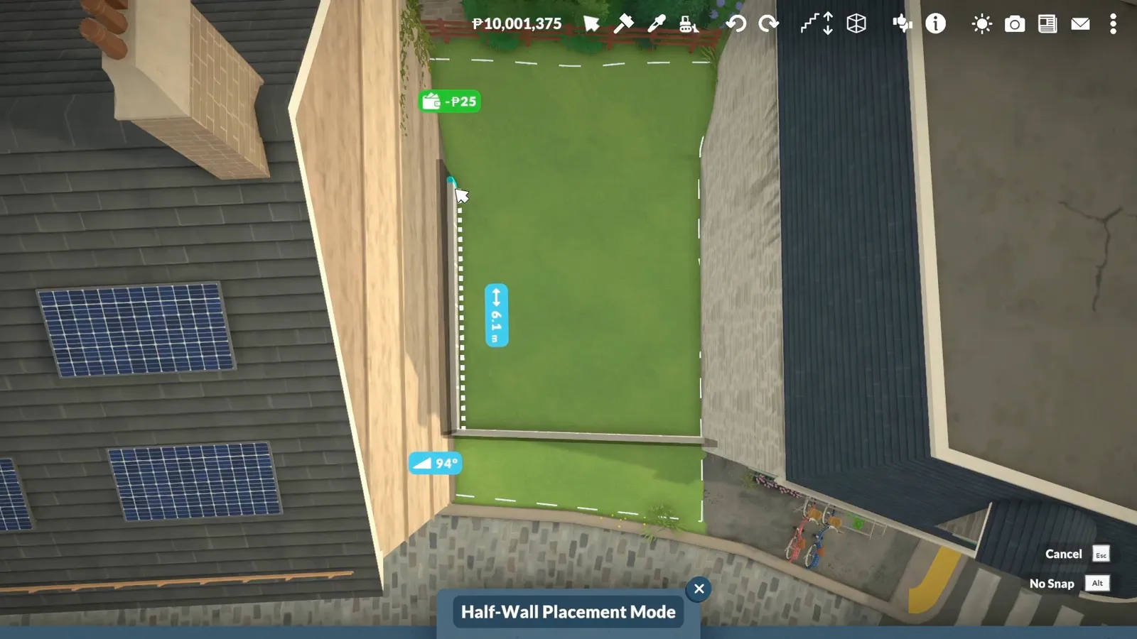 Paralives Half-Wall Placement Mode measuring a six-metre gap between two town buildings for a bookshop shell