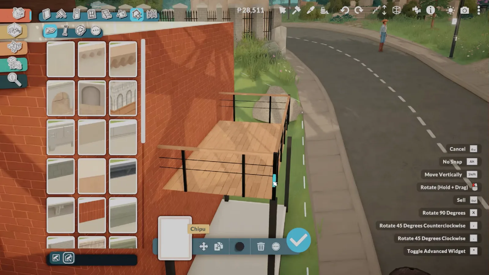 Second-floor balcony with a black metal railing on a red brick Paralives brownstone, the attempt whose support columns would not line up Second-floor balcony with a black metal railing on a red brick Paralives brownstone, the attempt whose support columns would not line up