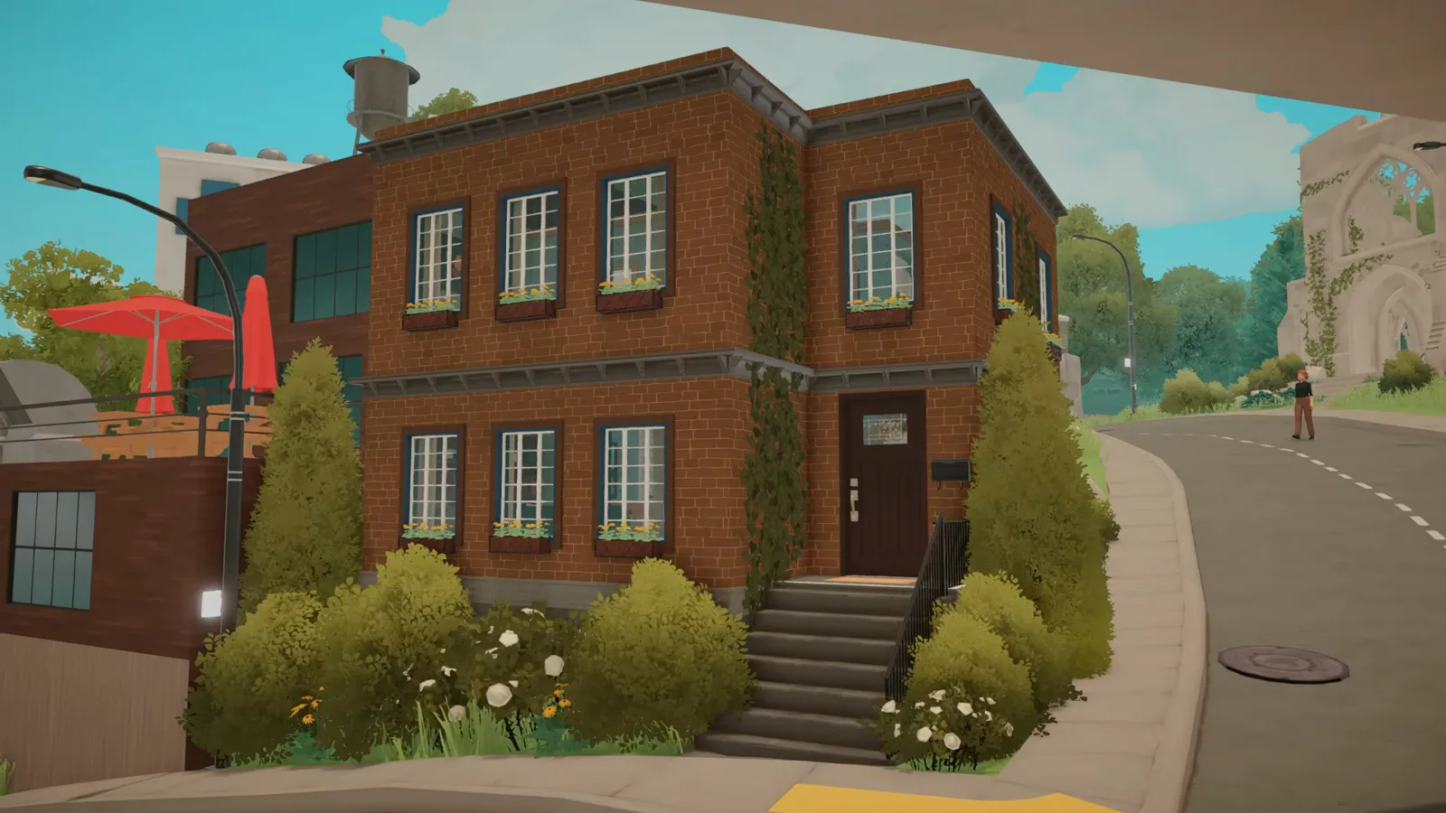 Finished Paralives brownstone with a brown brick facade, white cornice and stoop entrance on a street corner lot Finished Paralives brownstone with a brown brick facade, white cornice and stoop entrance on a street corner lot