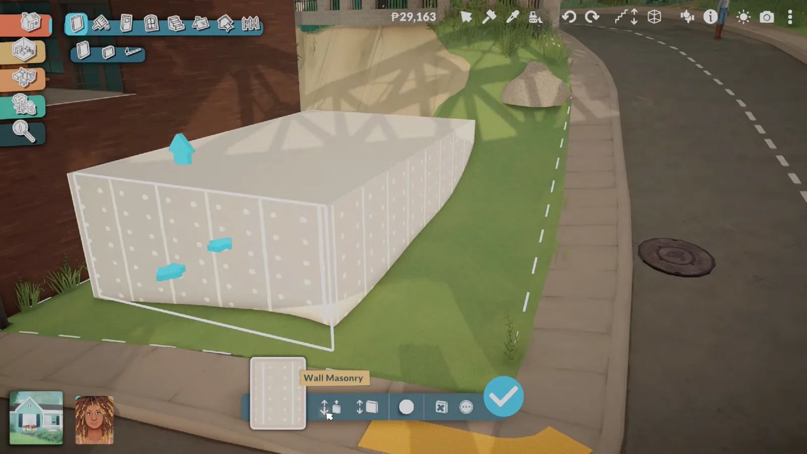 Paralives Wall Placement Mode drawing the white foundation walls of a brownstone footprint along a corner lot sidewalk Paralives Wall Placement Mode drawing the white foundation walls of a brownstone footprint along a corner lot sidewalk